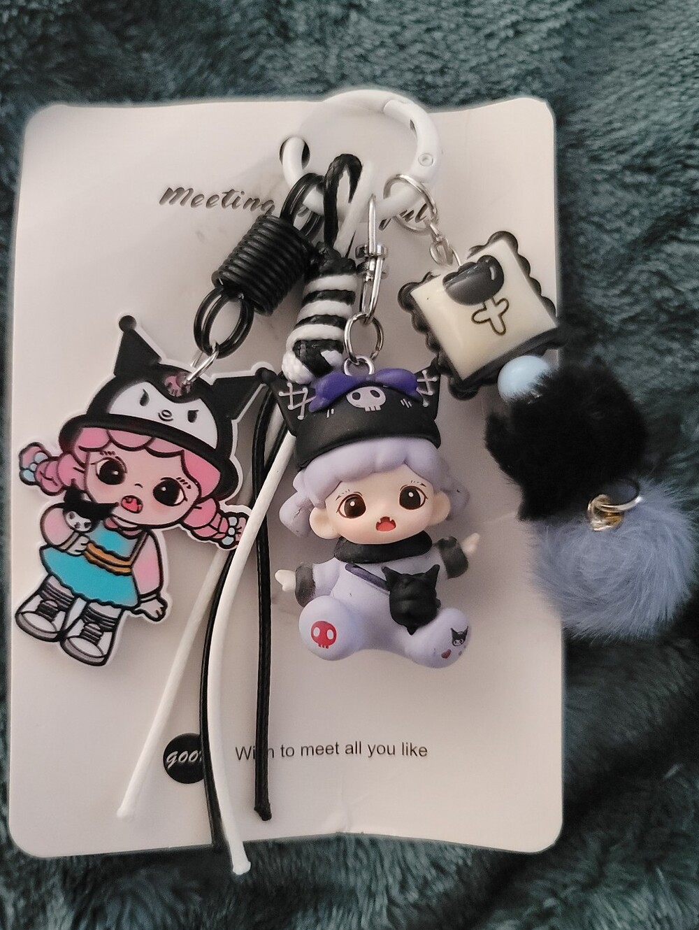 NWT-Custom made Zora Kuromi inpsired keychain for w/black & blue poms
